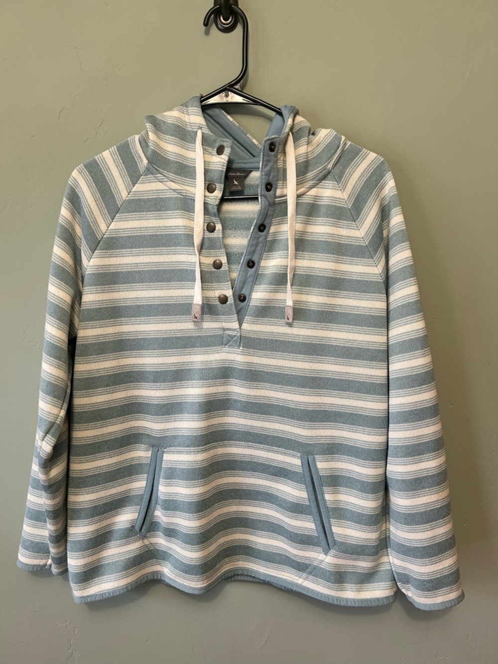 Eddie Bauer Striped Hooded Quarter Button Sweater - Light Blue & White